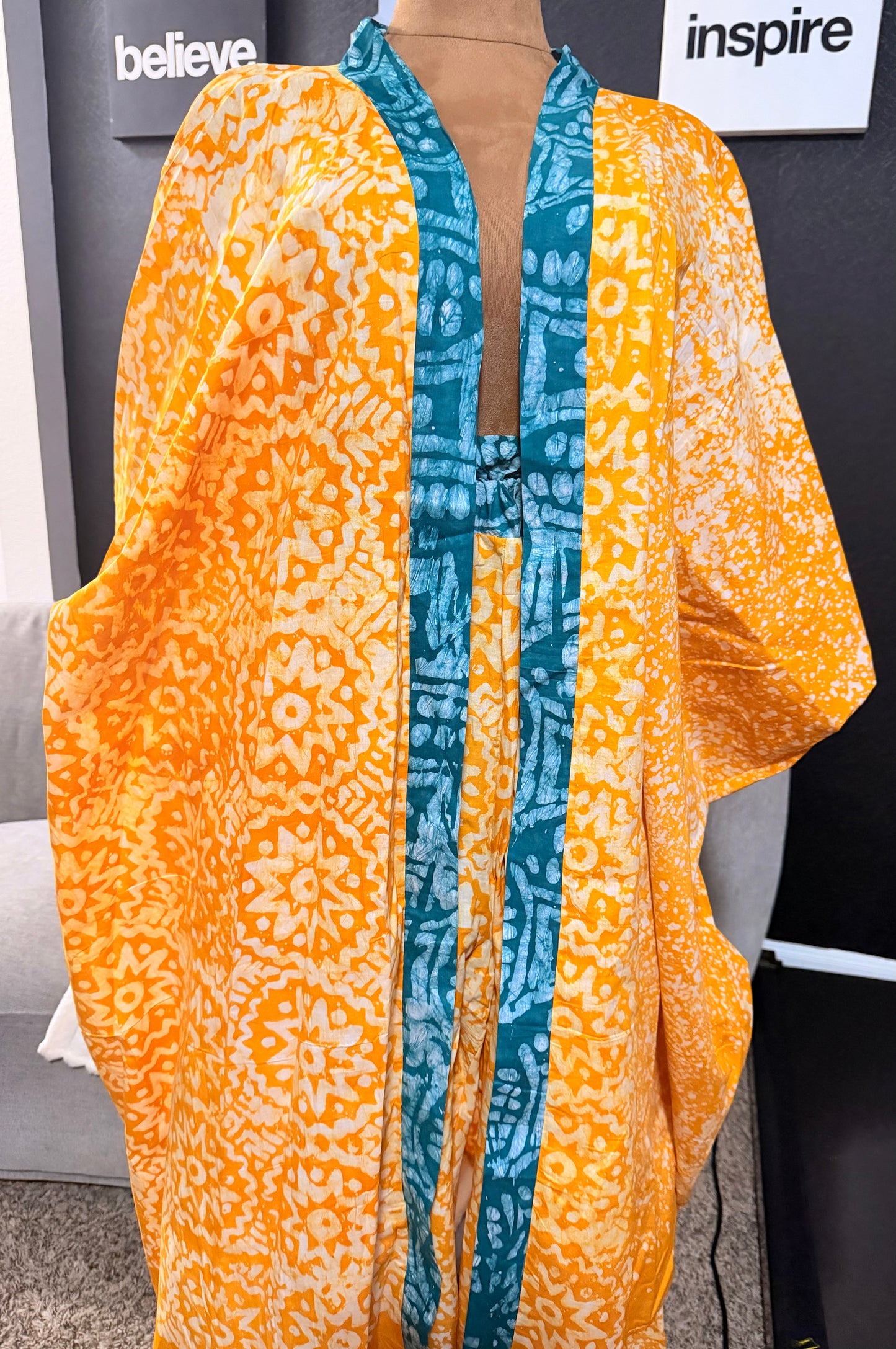 Yellow gold adire kimono jacket with flowing wide-leg pant