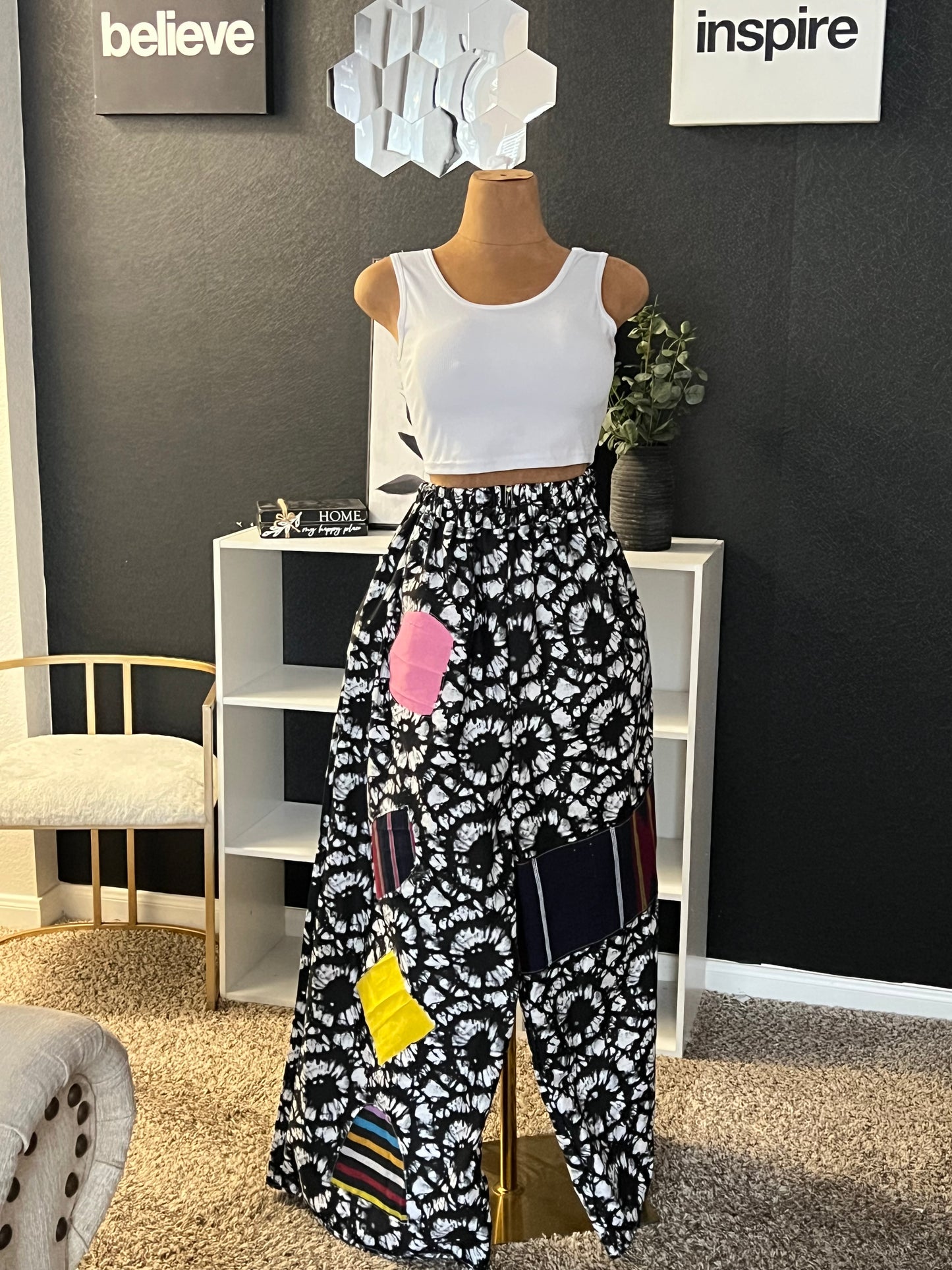 African Ankara print Iremide trendy wide leg pant, African women, Bright trendy African prints, Ankara AND Aso-oke patches, 2 side pockets