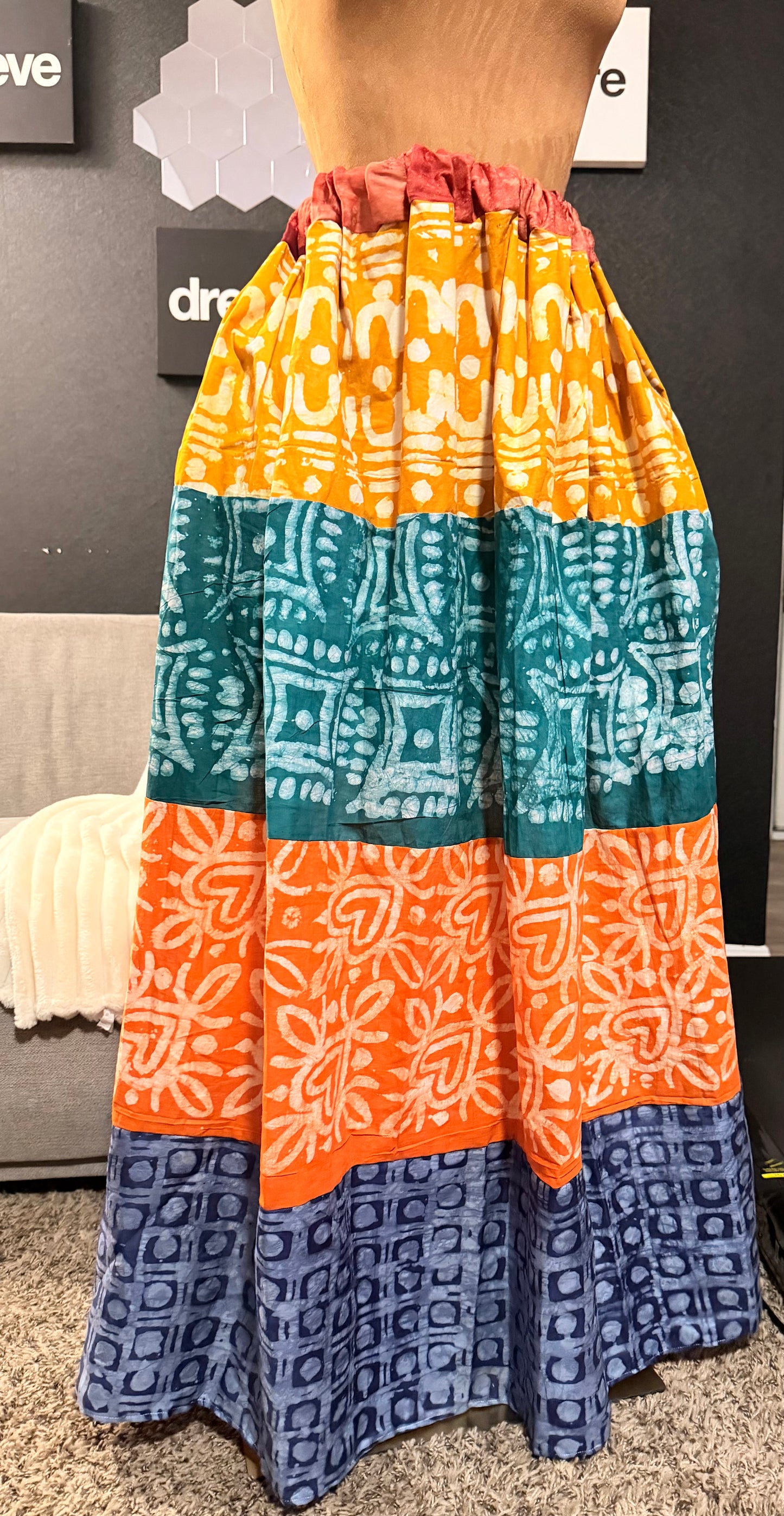 Adire mismatch skirt, Caribbean Inspired Design, flowing silhouette, fits S to Size 18