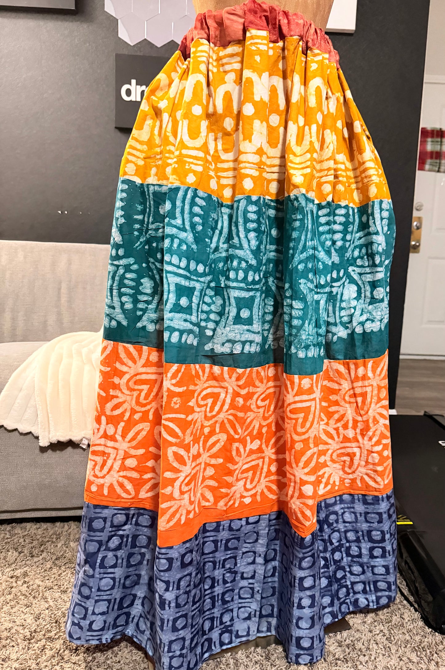 Adire mismatch skirt, Caribbean Inspired Design, flowing silhouette, fits S to Size 18