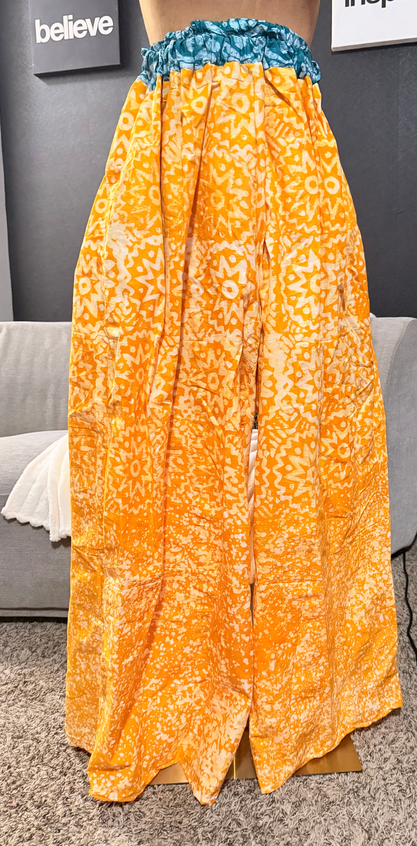 Yellow gold adire kimono jacket with flowing wide-leg pant