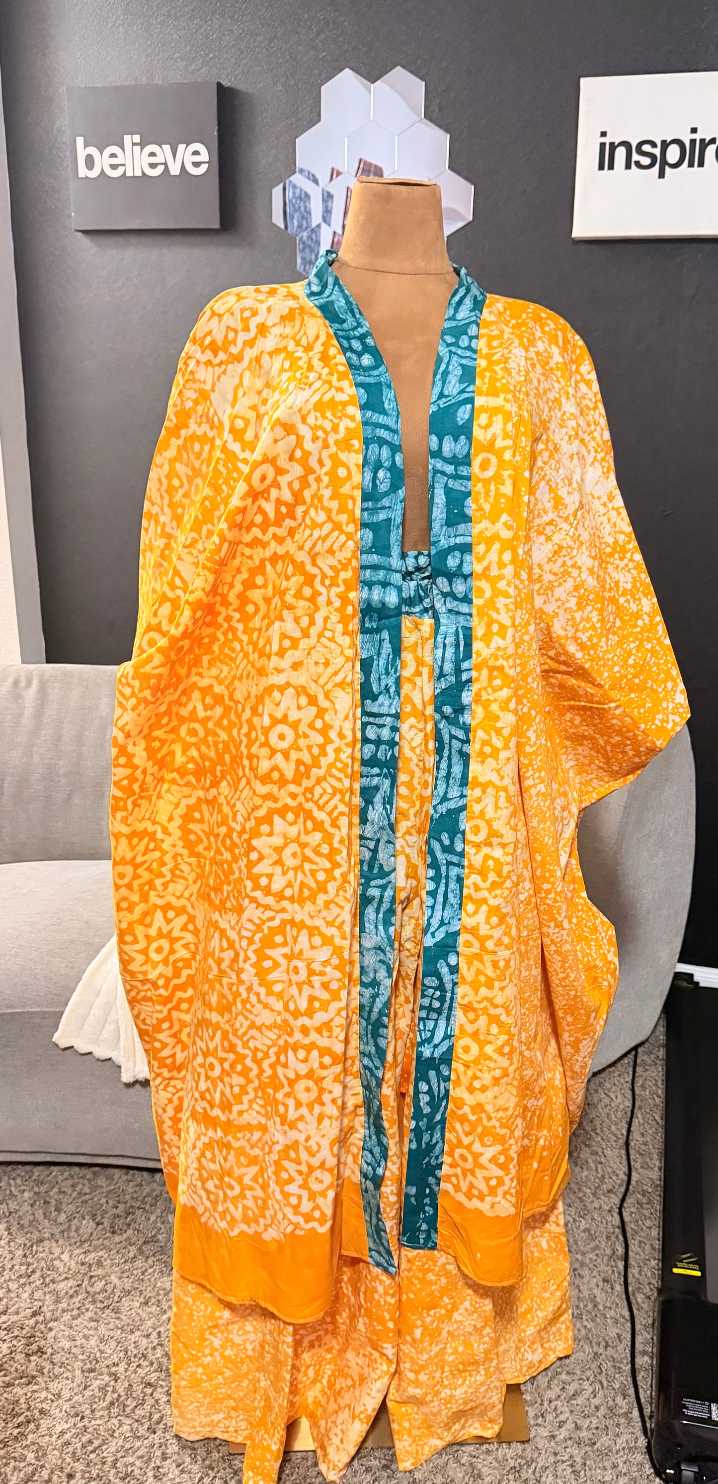 Yellow gold adire kimono jacket with flowing wide-leg pant