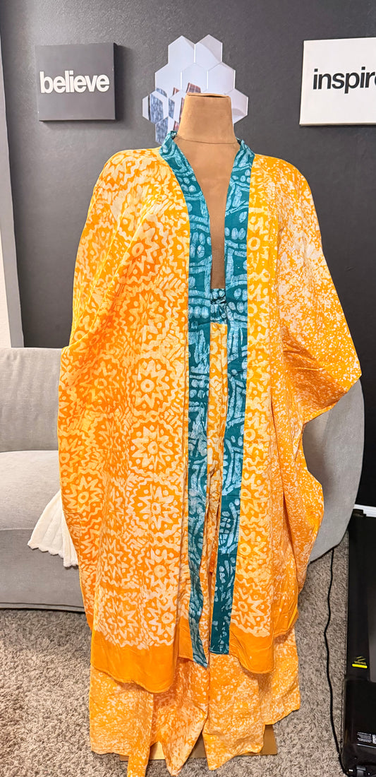 Yellow gold adire kimono jacket with flowing wide-leg pant