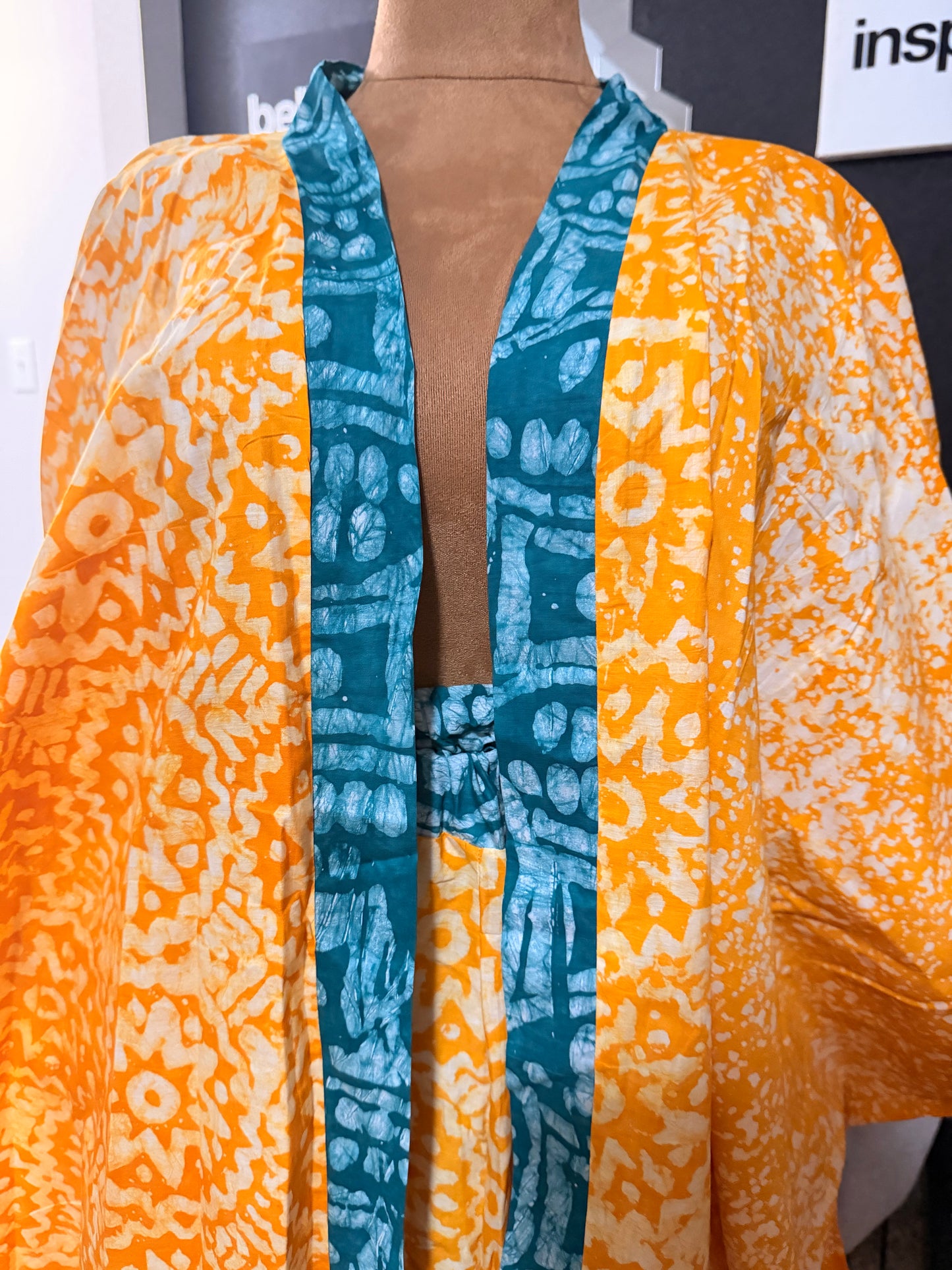 Yellow gold adire kimono jacket with flowing wide-leg pant