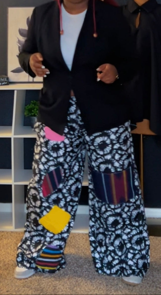 African Ankara print Iremide trendy wide leg pant, African women, Bright trendy African prints, Ankara AND Aso-oke patches, 2 side pockets
