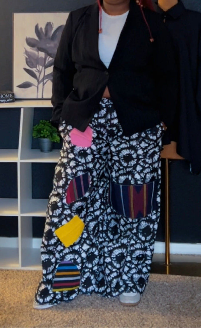 African Ankara print Iremide trendy wide leg pant, African women, Bright trendy African prints, Ankara AND Aso-oke patches, 2 side pockets