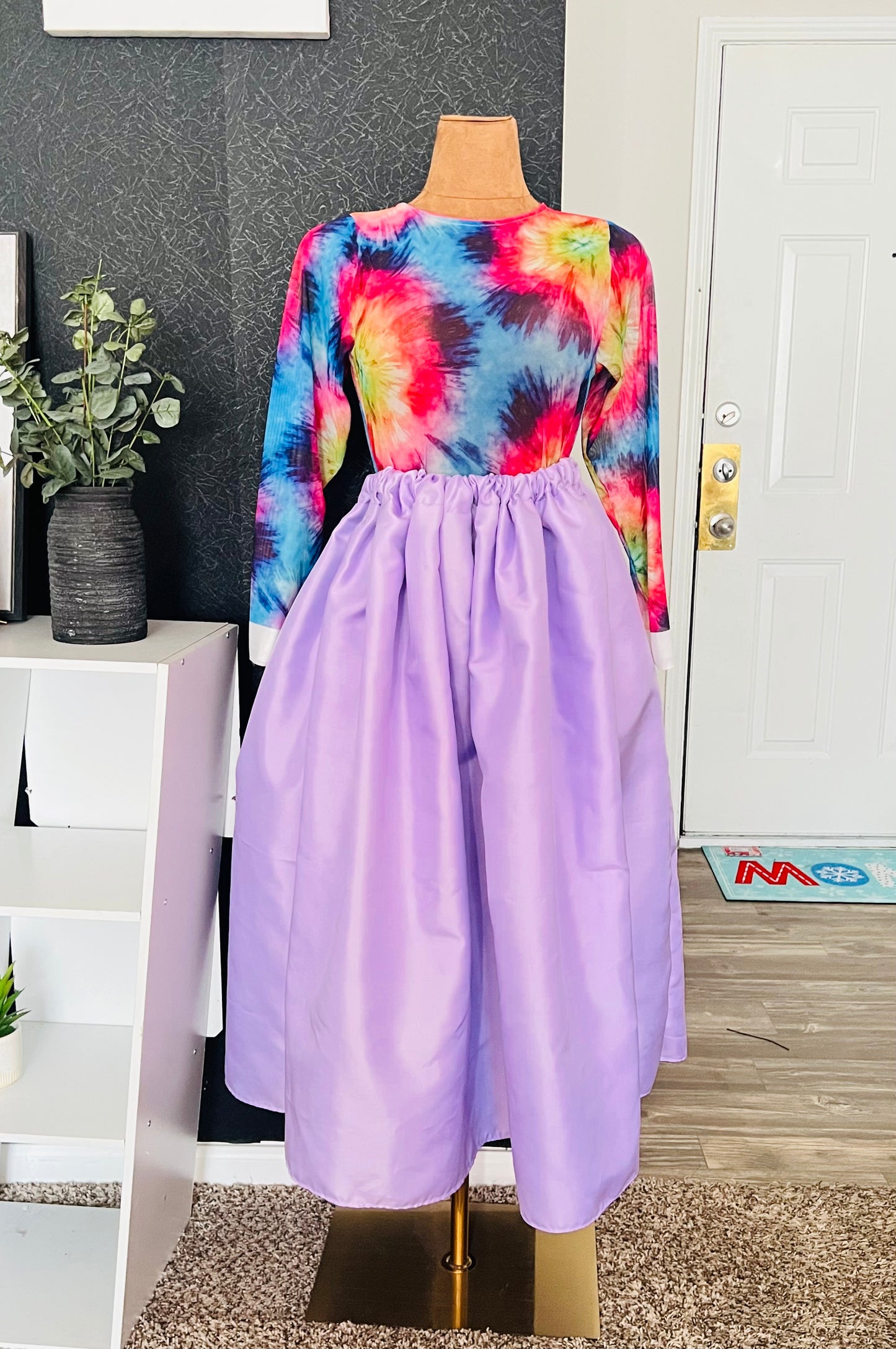 Women's High waisted luxury Lavender Satin dull face midi/maxi Skirt and women rainbow colored long sleeve stretched Mesh Top. Elastic waist