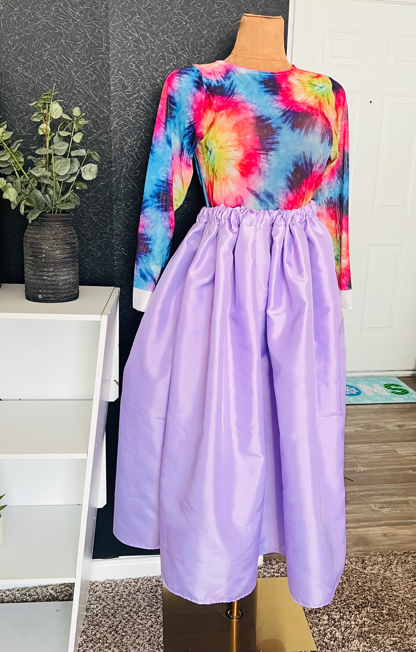 Women's High waisted luxury Lavender Satin dull face midi/maxi Skirt and women rainbow colored long sleeve stretched Mesh Top. Elastic waist