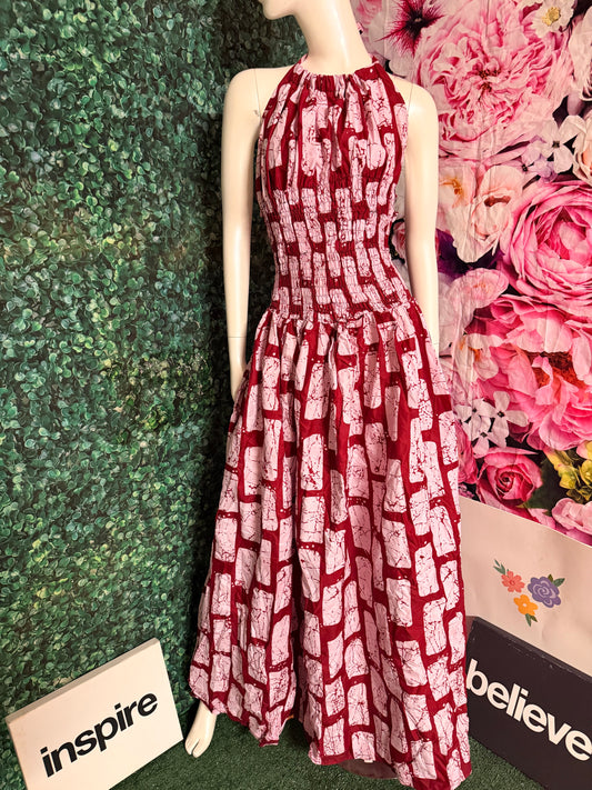 Smokey Shirred Backless African Print Ankara Maxi Dress with side pockets SIZE 8-14