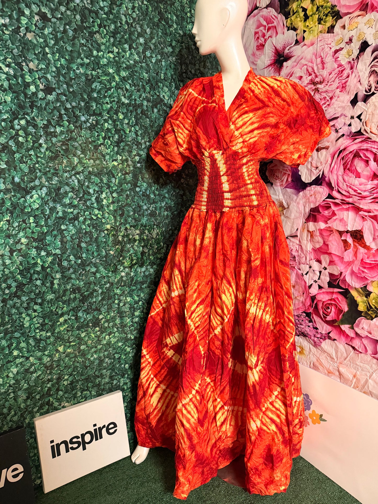 Adire Ankara Orange Maxi Long Dress, Fits Size 8-18, Elastic Shirred Smokey Waist, Side Pockets